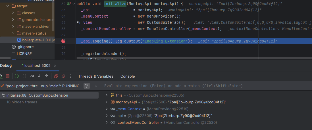 Windows within IntelliJ showing debugger context