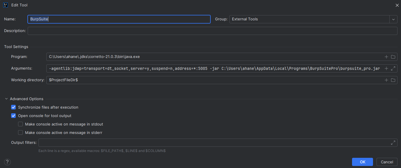 Image of IntelliJ tool configuration